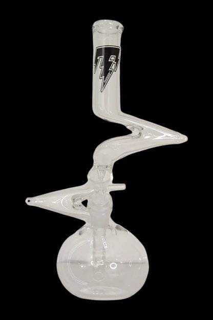 Clear glass water pipe (bong) with unique looping design and branded logo.