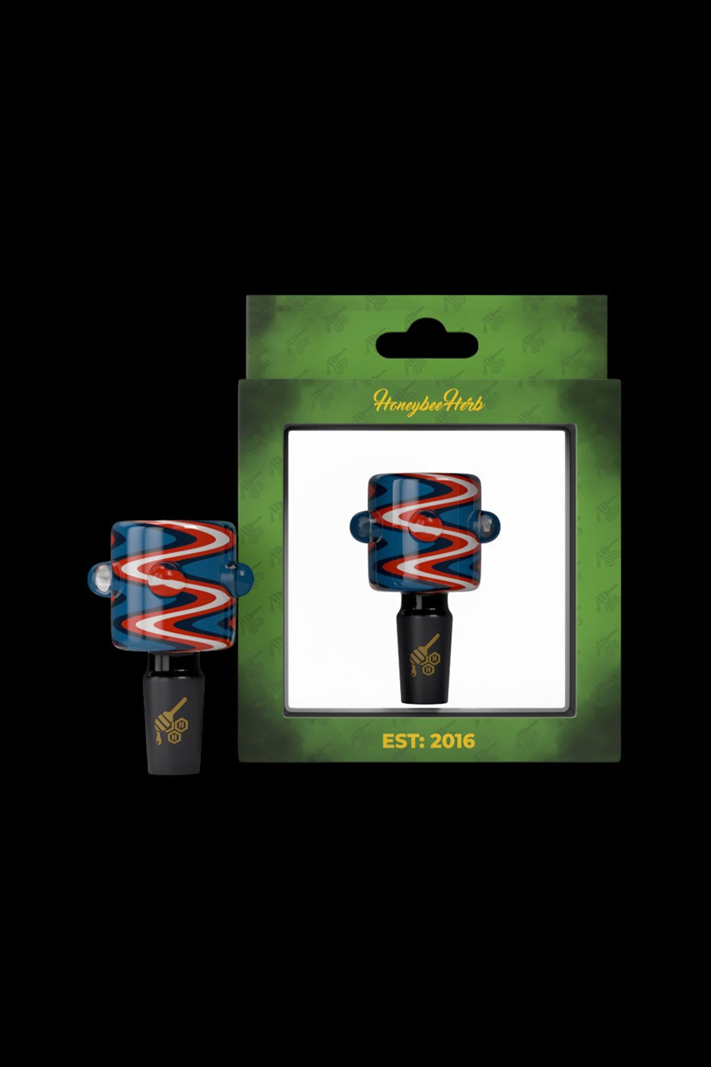 Packaged cannabis oil vape pen with neon swirl design, branded "Honeybee Herb" and established in 2016.