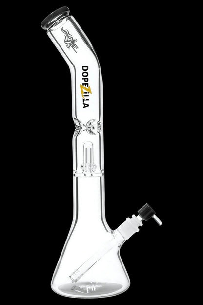 Angled studio shot of the clear glass Dopezilla Titans Promethus Bong against a black background, showing its beaker base, bent neck, percolator and tilted downstem.