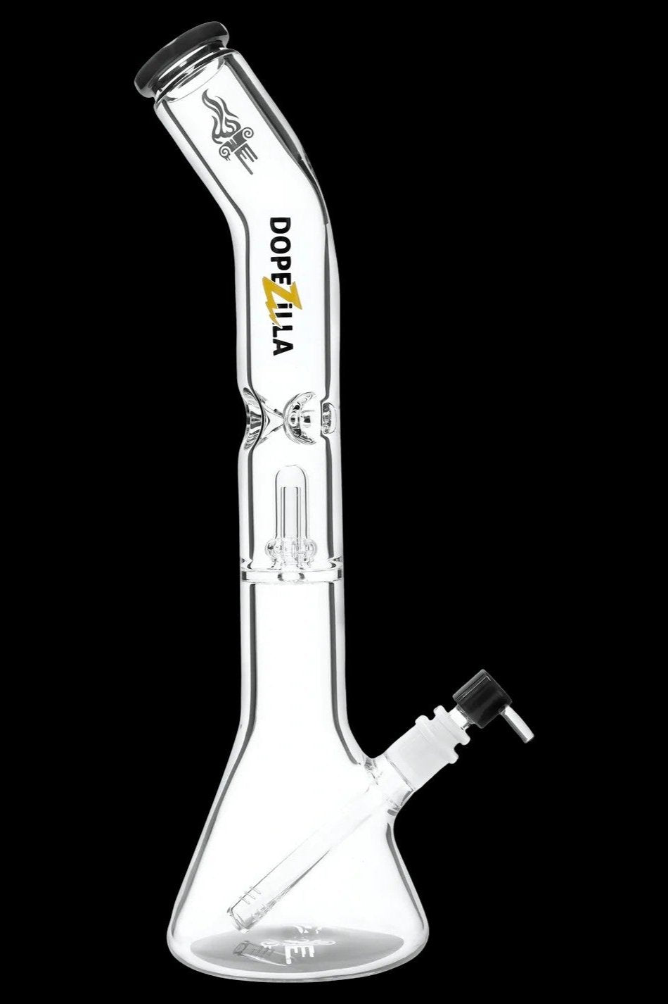 Angled studio shot of the clear glass Dopezilla Titans Promethus Bong against a black background, showing its beaker base, bent neck, percolator and tilted downstem.