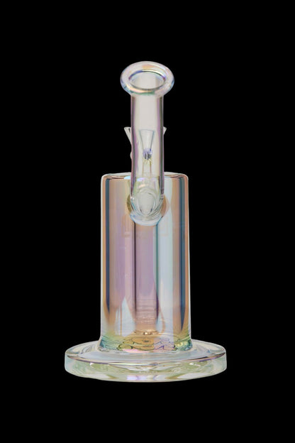Iridescent glass water pipe (rig) for cannabis concentrate, isolated on black.