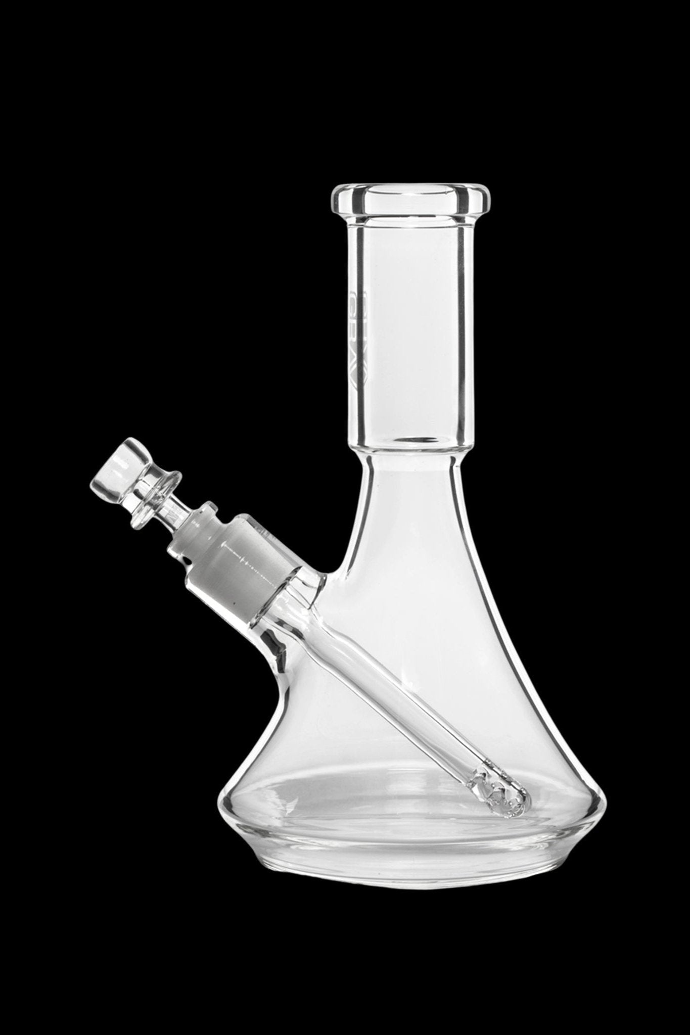 Clear glass beaker bong with a downstem, isolated on a black background.