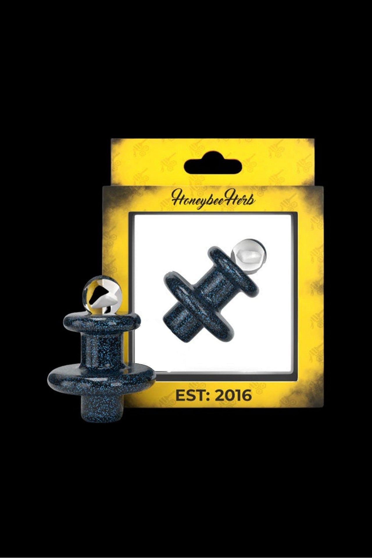 Black glass cannabis bubbler in packaging labeled "Honeybee Herb" with "EST: 2016" at the bottom.
