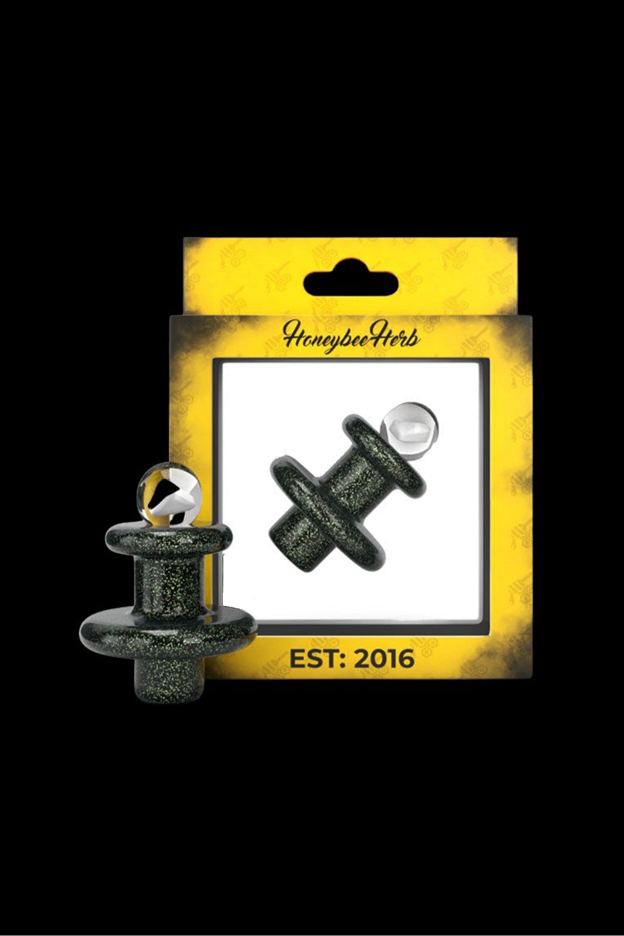Black glass cannabis oil burner pipe displayed on a yellow card labeled “Honeybee Herb EST: 2016.”