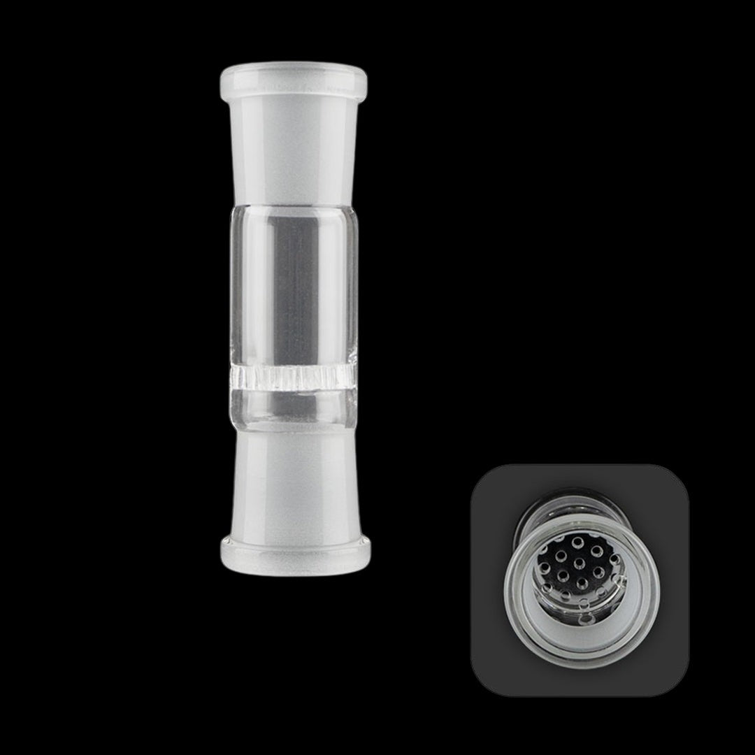 Clear glass diffuser downstem for water pipe, shown with a close-up of the multiple diffusion holes.