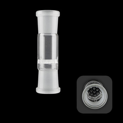 Clear glass diffuser downstem for water pipe, shown with a close-up of the multiple diffusion holes.