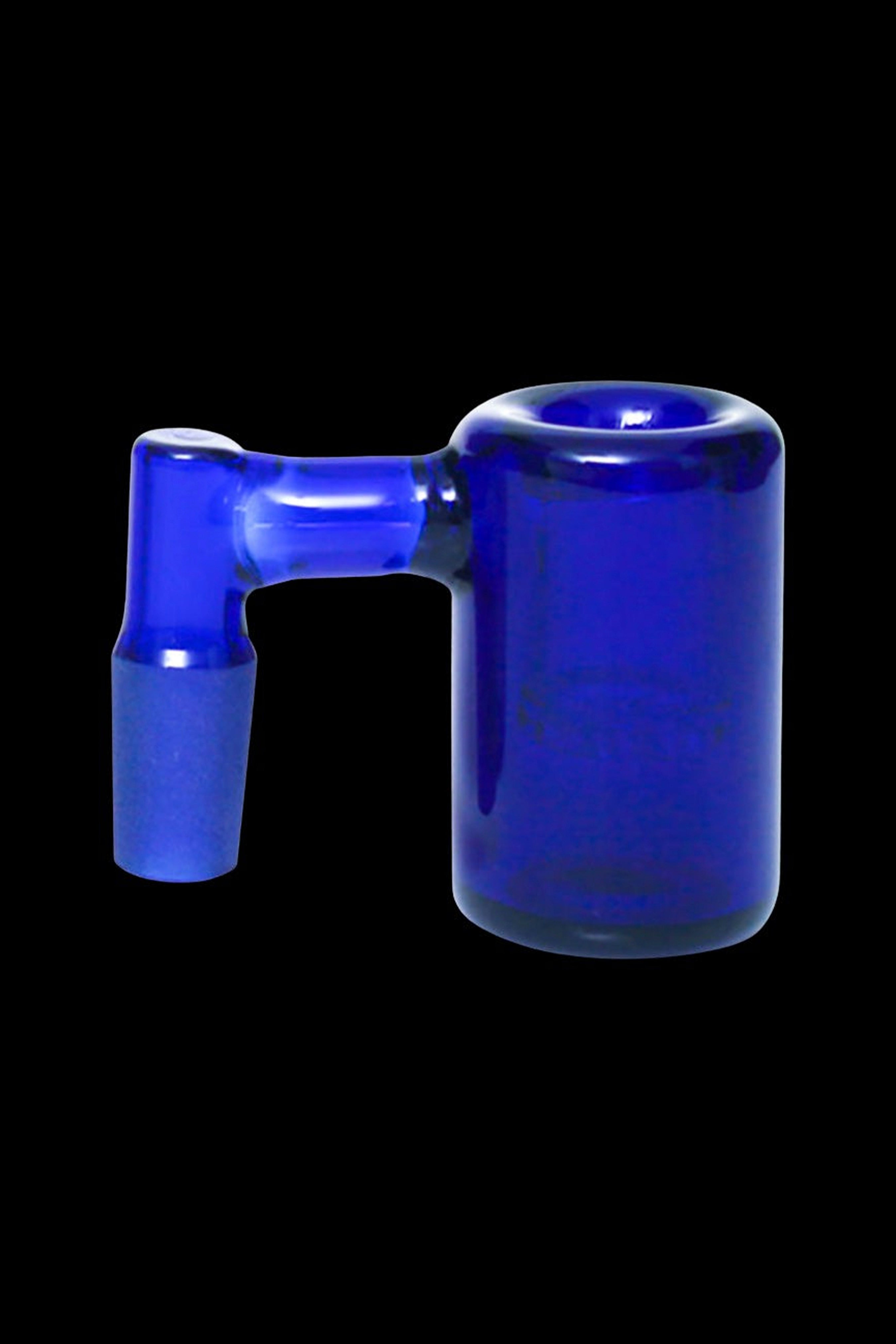 Blue glass bubbler with a mouthpiece and joint for attachment.