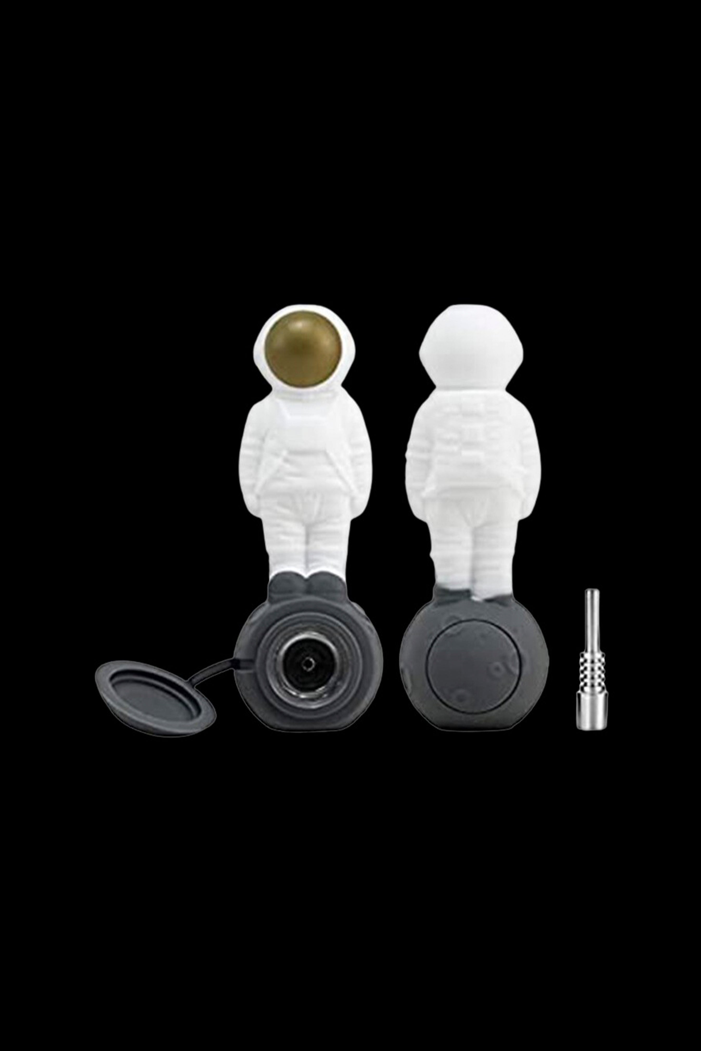 Astronaut-shaped cannabis pipe with disassembled components and metal filter.
