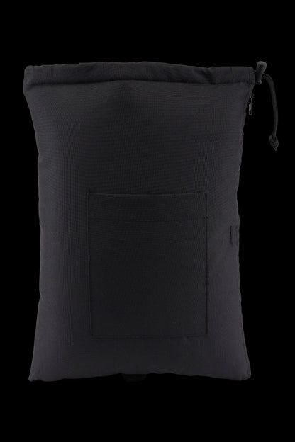 Black cannabis accessory pouch with drawstrings and front pocket.
