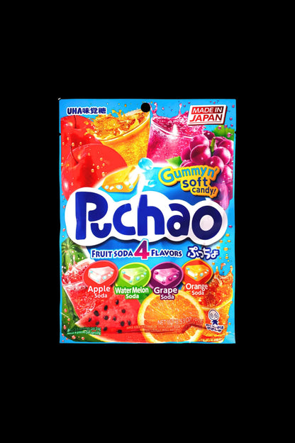 A colorful, sealed bag of Japanese “Pchao” gummy candy with four fruit soda flavors: apple, watermelon, grape, and orange, often used as packaging for cannabis products.