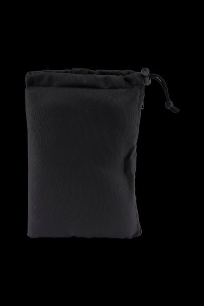 Black drawstring bag for cannabis accessories.