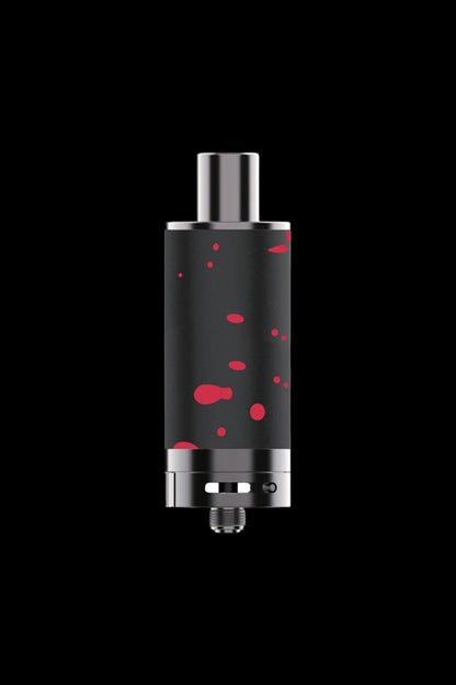 Silver and black cannabis dab rig with red splatter pattern, isolated on a black background.