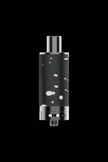 Black and silver cannabis dab rig with a patterned cylindrical body.