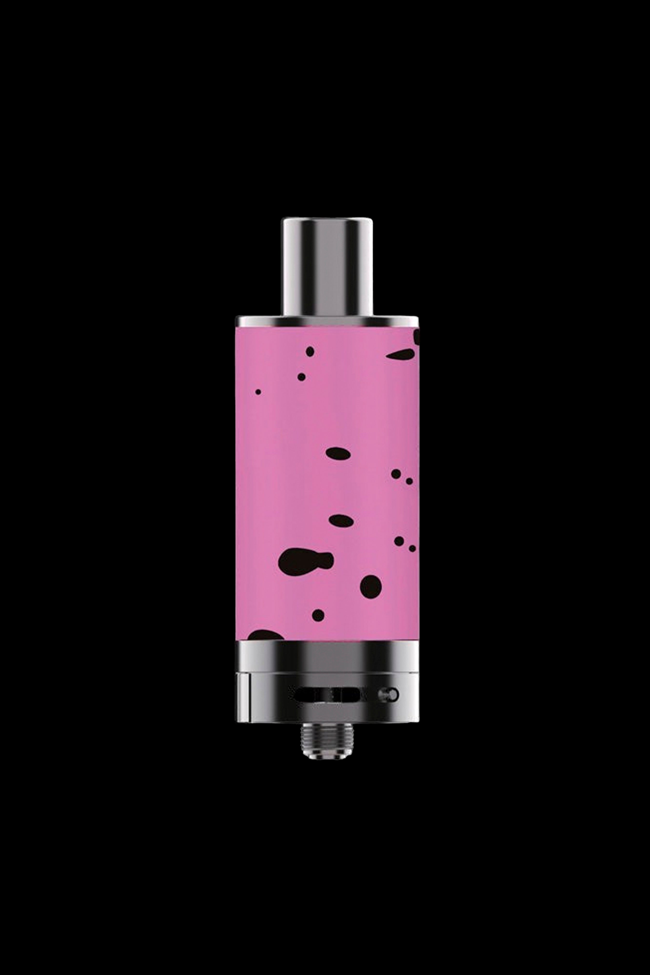 Pink cannabis dab rig with metallic accents against a black background.