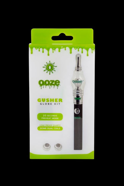 Ooze Gusher Globe Kit packaging displaying a cannabis oil vape pen with a glass globe attachment.