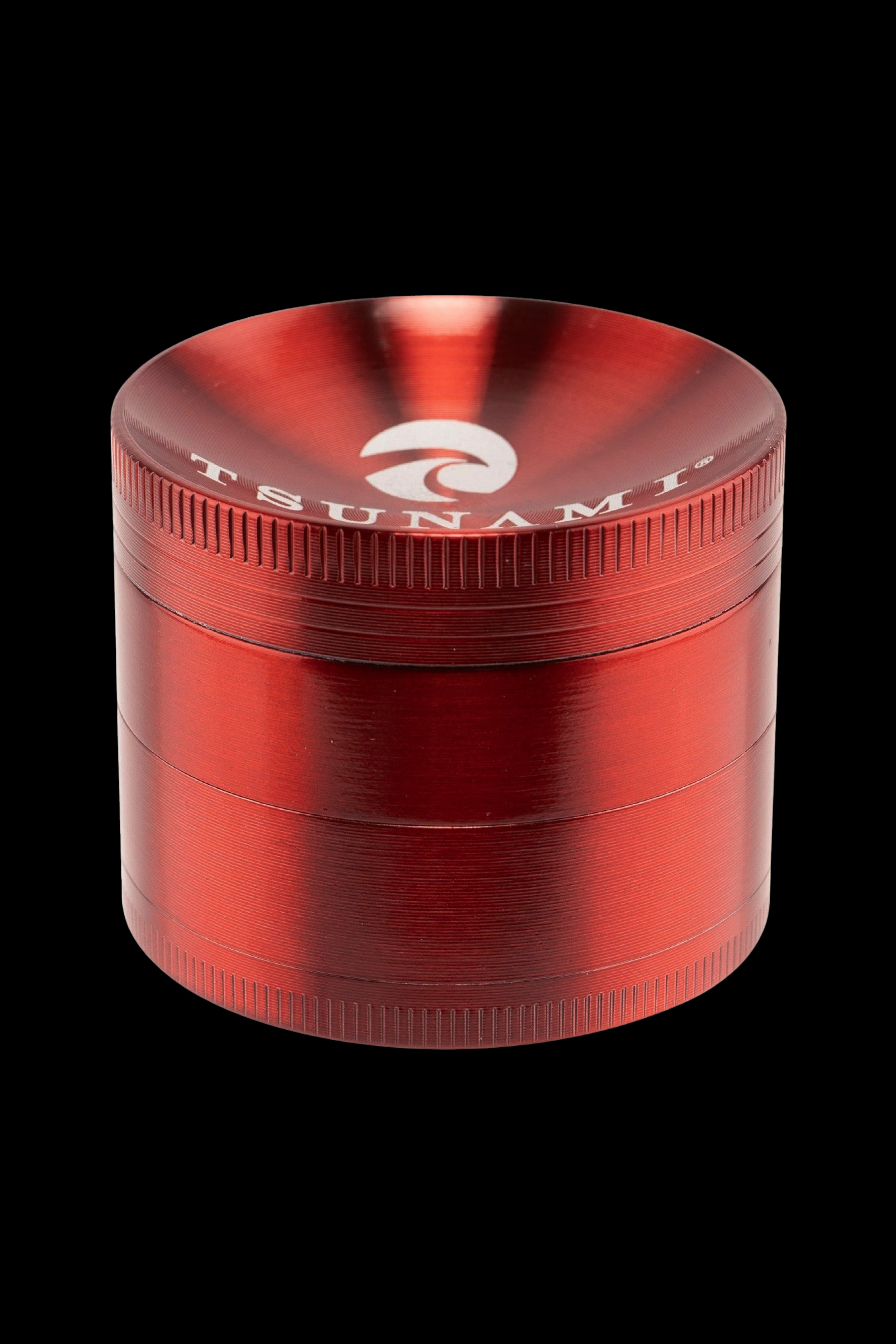 Red four-piece cannabis grinder with “TSUNAMI” logo.