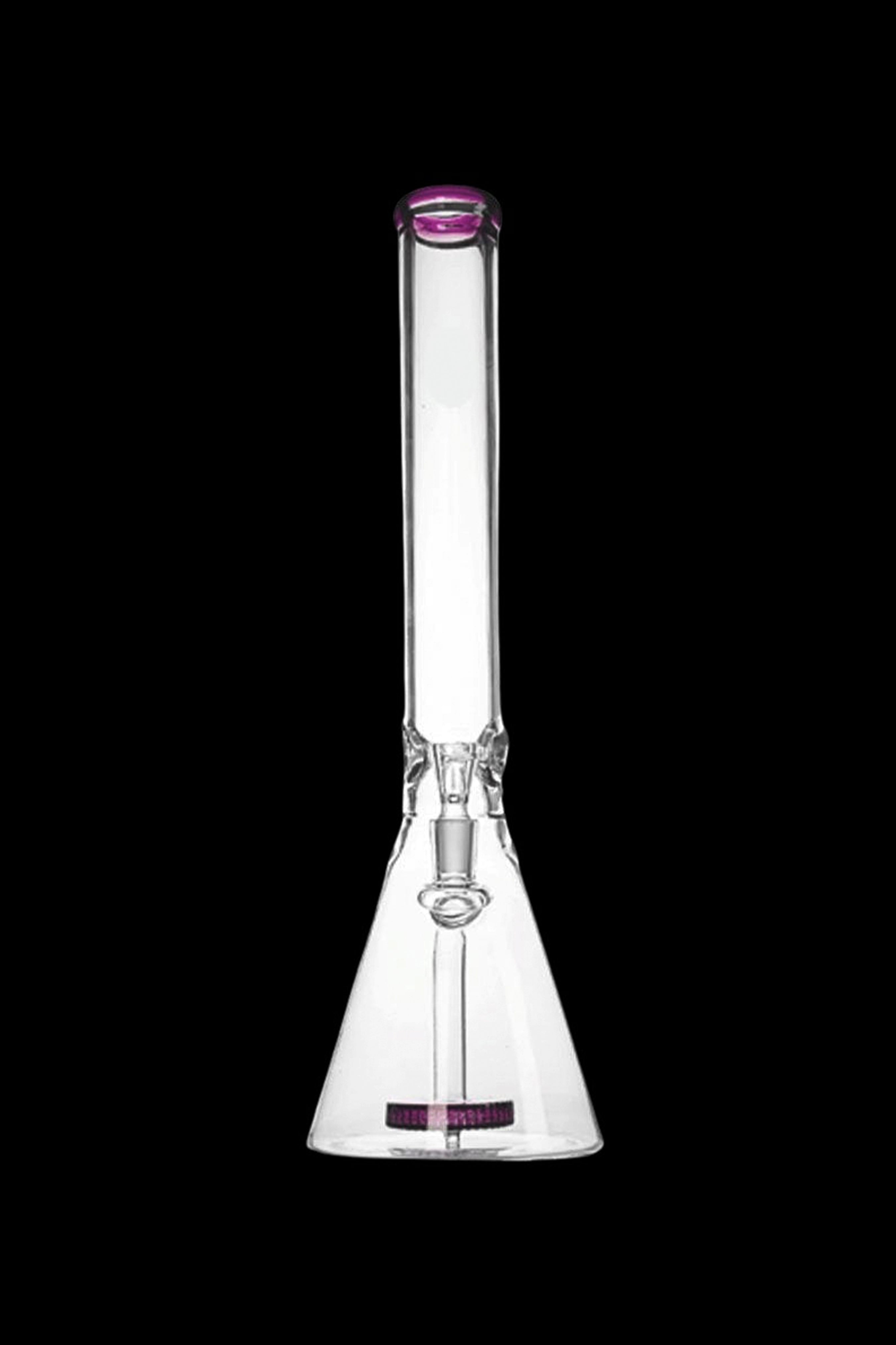 Clear glass bong with pink accents, isolated on a black background.