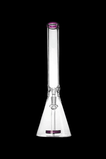 Clear glass bong with pink accents, isolated on a black background.