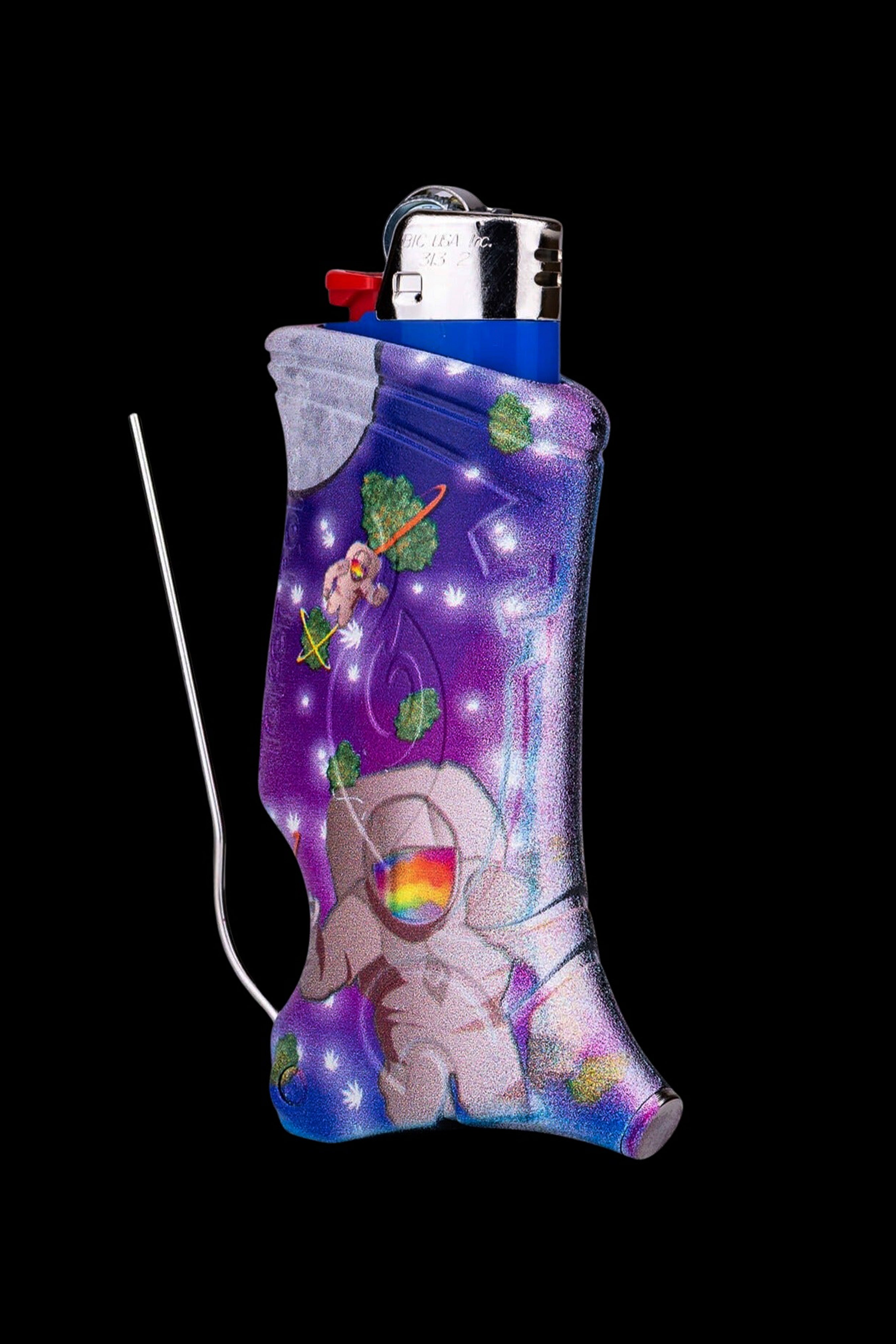 A vibrant, custom lighter sleeve featuring cartoon astronauts and cannabis leaves against a cosmic purple and blue background.