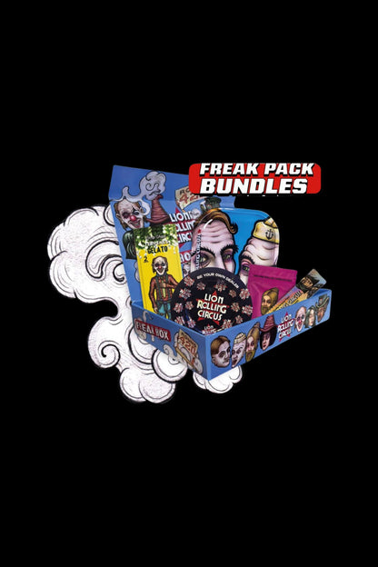 Angled front view of the Lion Rolling Circus Freak Pack Bundle box with colorful clown and character artwork spilling from it.