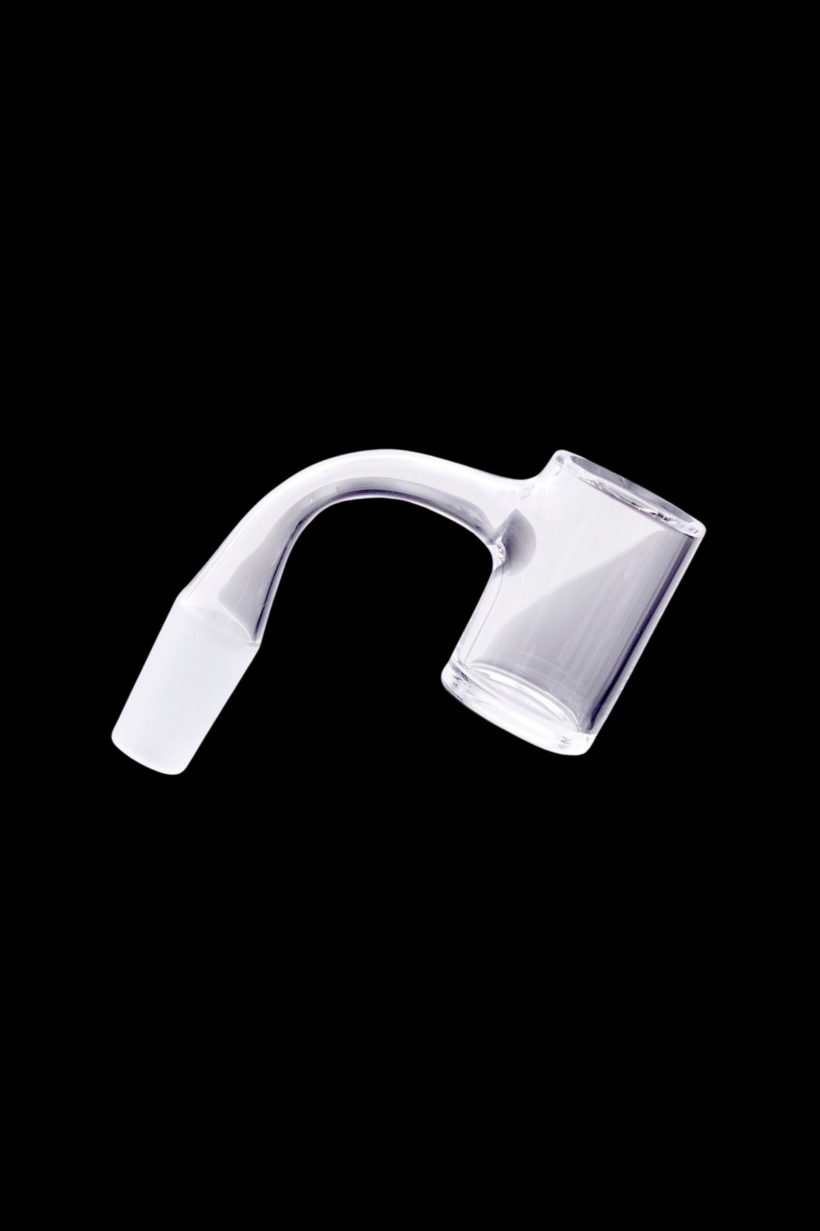 Clear quartz dab rig banger on black background.