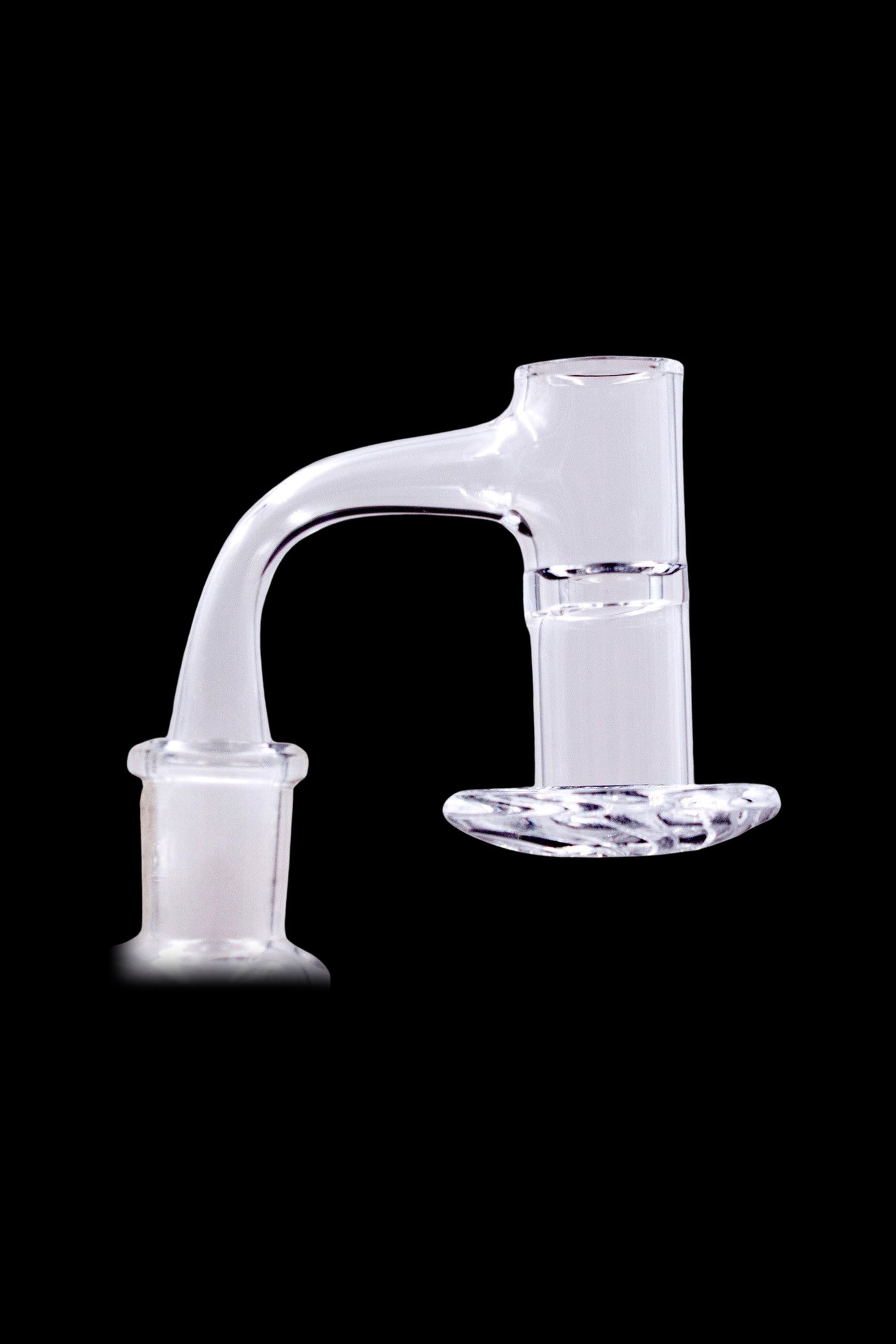 Clear glass dab rig nail with a flared tip and joint for connecting to a water pipe.