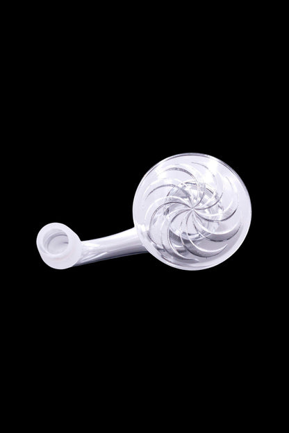 Clear glass cannabis oil rig with a swirling pattern.