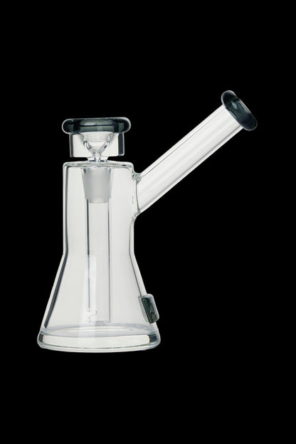 Clear glass rig with a flared base and angled mouthpiece.