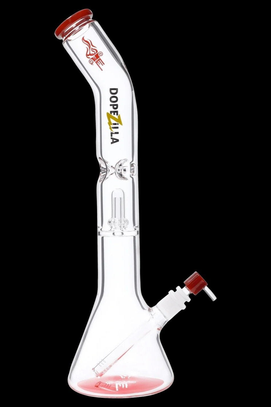 Angled side view of the clear glass Dopezilla Titans Promethus Bong with red accents and its beaker base on a black background.