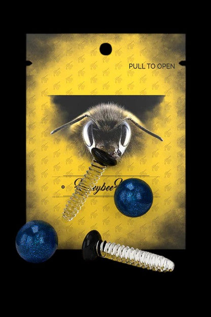 Close-up of a bee face over a yellow patterned background with cannabis accessory parts, labeled "eyebee".