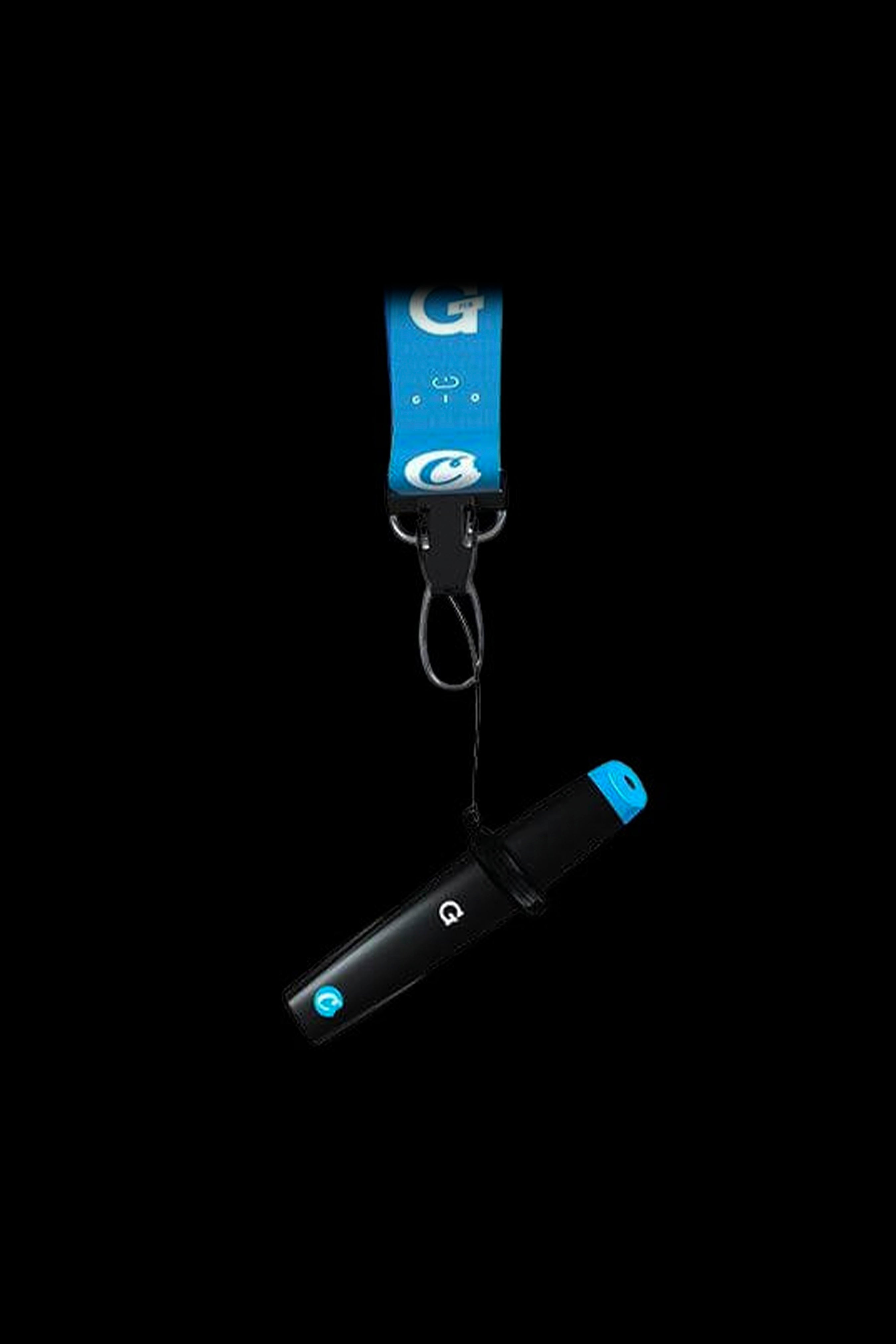 Black cannabis vape pen with a lanyard featuring a blue "G" logo, isolated on a black background.