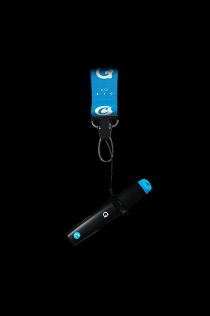 Black cannabis vape pen with a lanyard featuring a blue "G" logo, isolated on a black background.