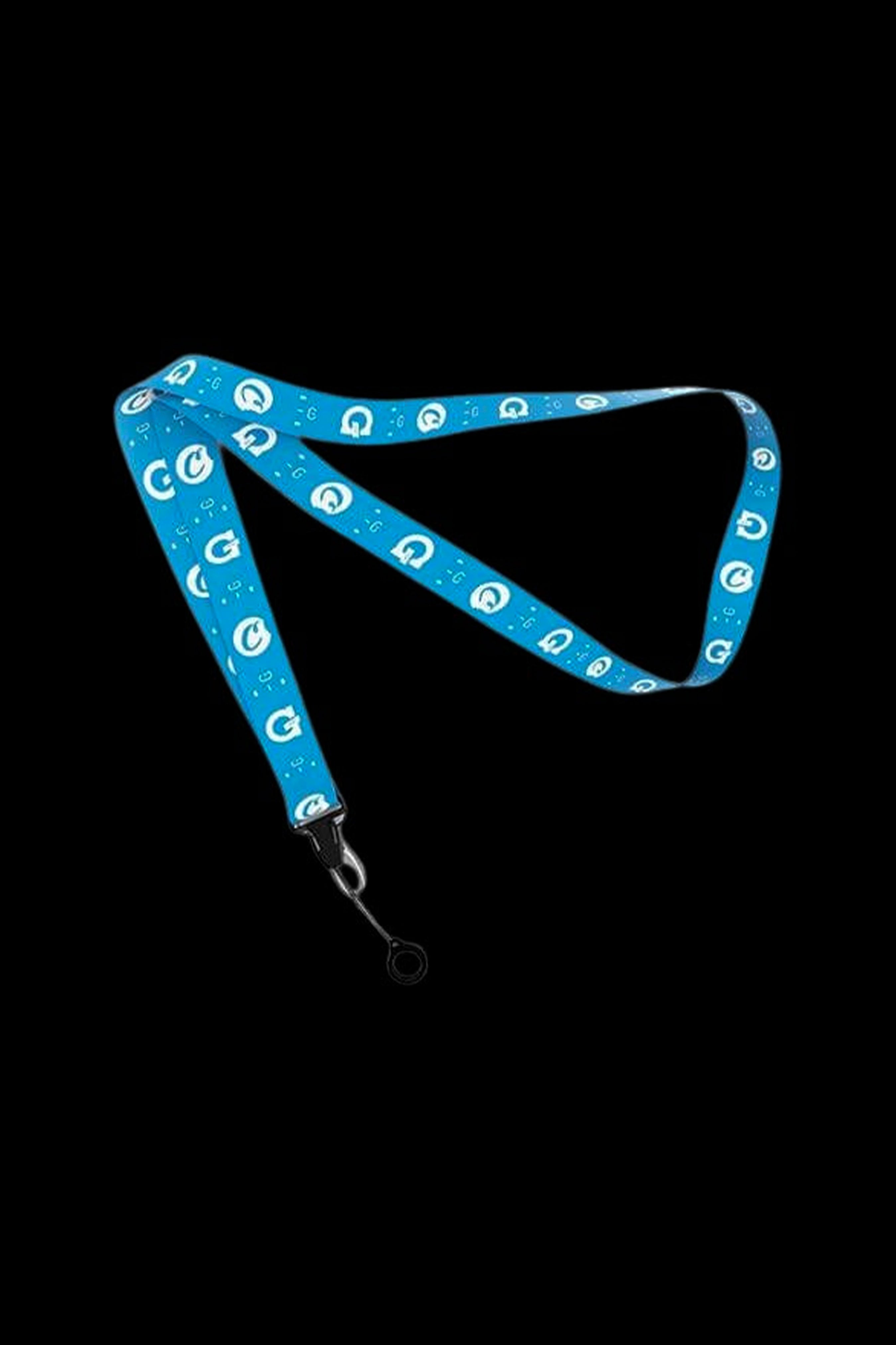 Blue lanyard with repeating cannabis leaf pattern and metal clip.