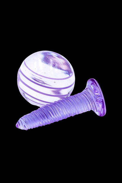Purple glass marble and screw piece, likely part of a cannabis water pipe or bong.