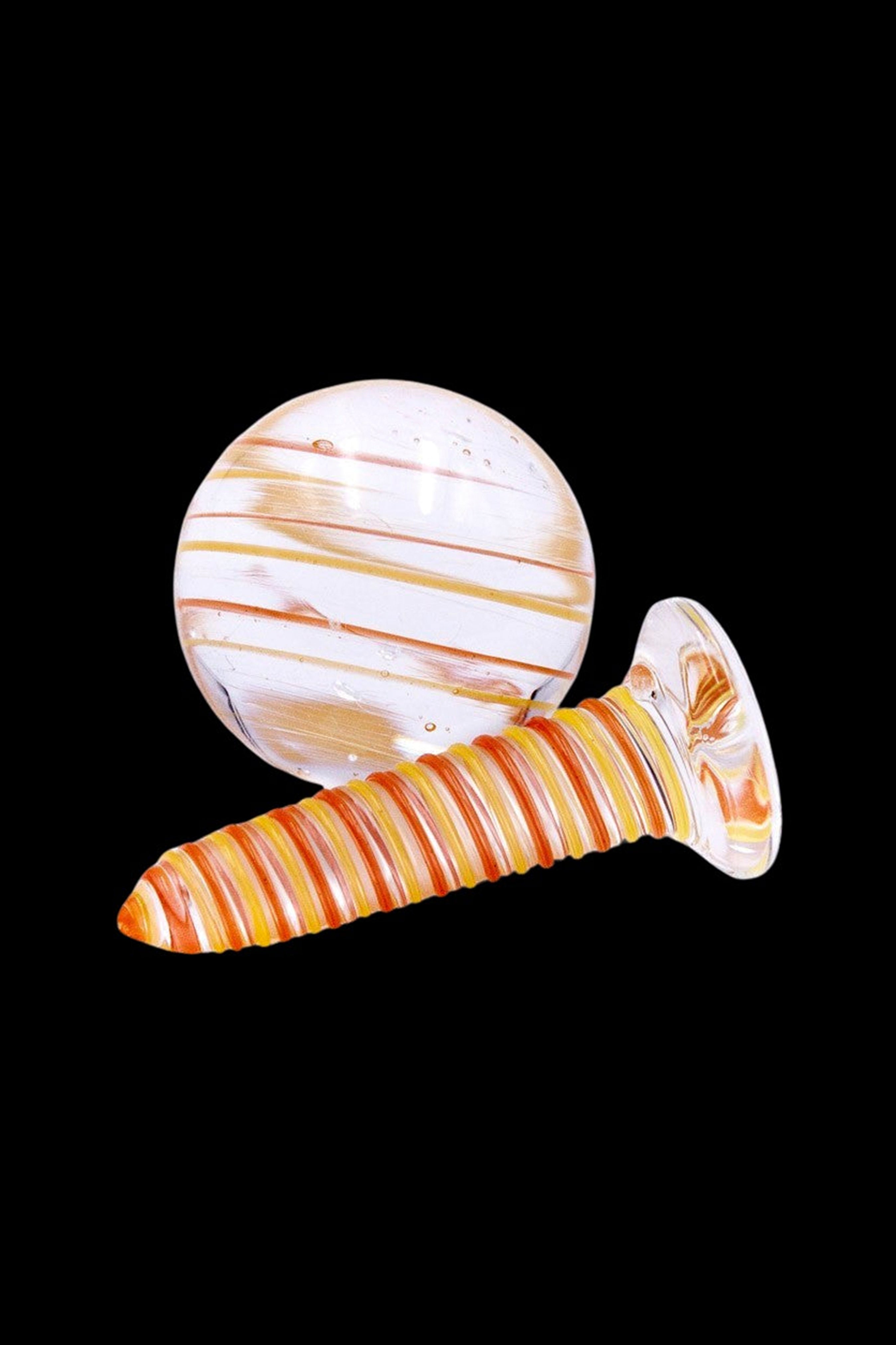 Glass cannabis pipe resembling a screw and circular bowl against a black background.