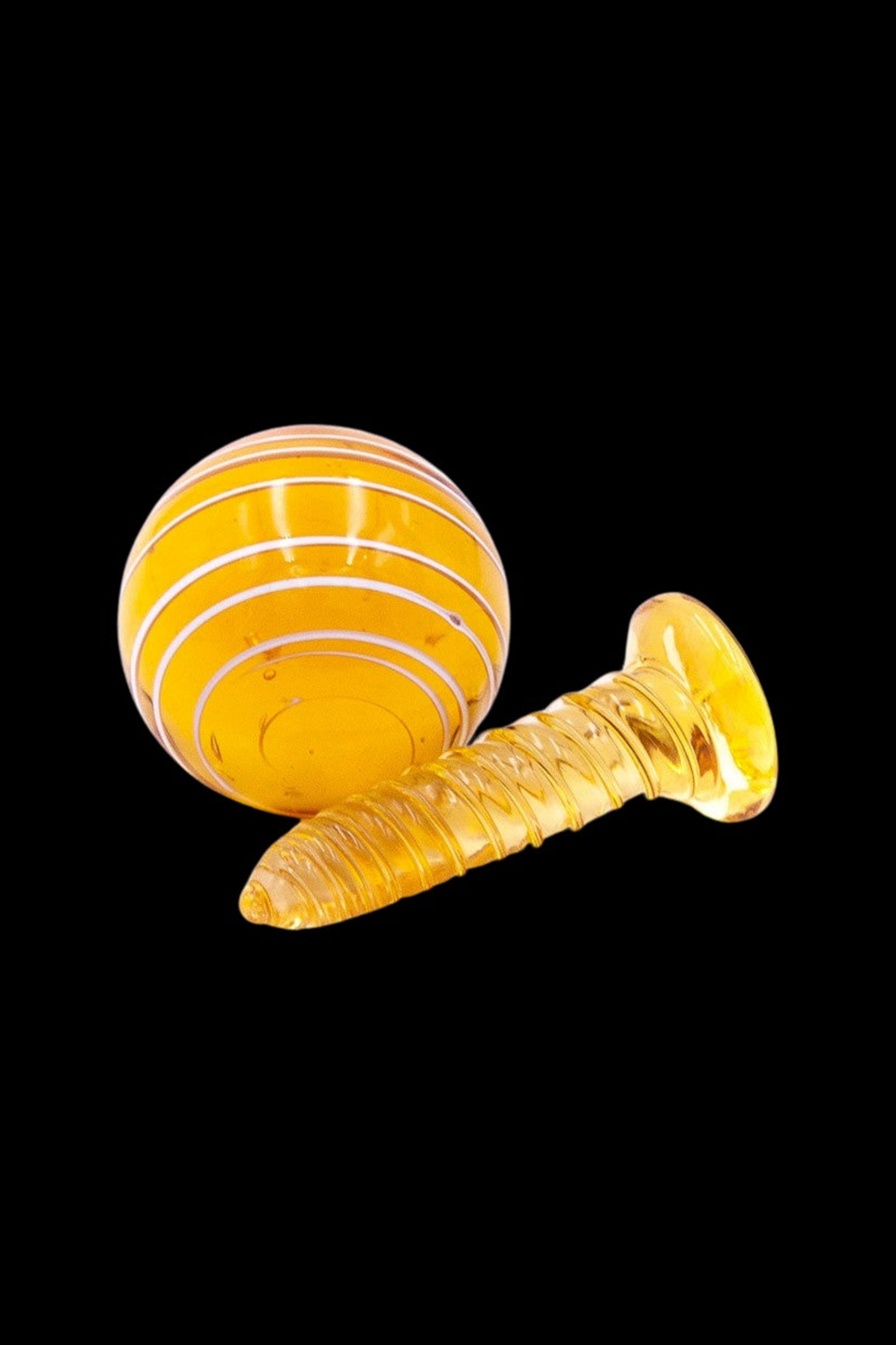 Golden cannabis water pipe with spherical chamber.