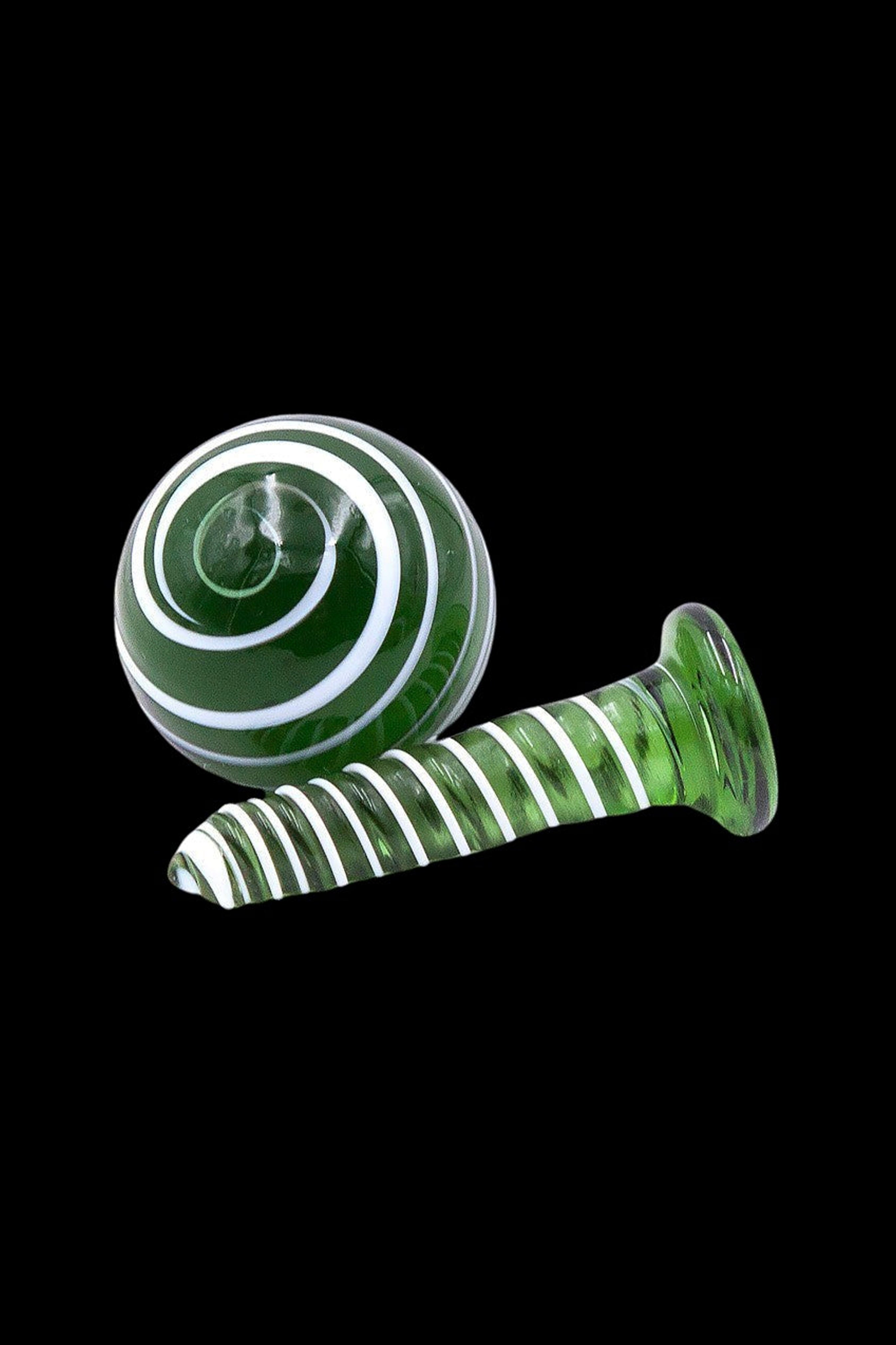 Green and white striped glass cannabis smoking bowl and mouthpiece.