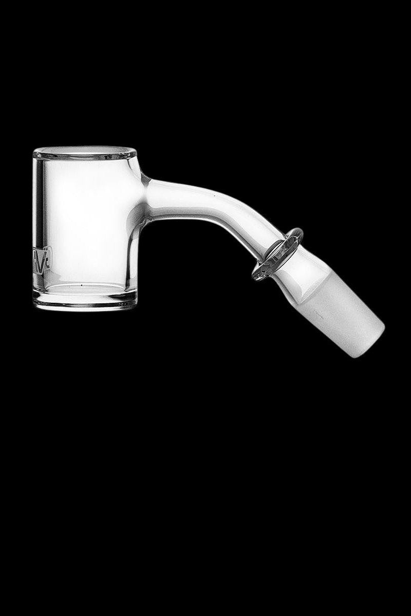 Clear quartz dab rig nail with angled mouthpiece and joint for connection to a water pipe.