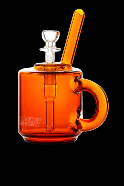Orange glass bubbler with a handle and removable downstem.