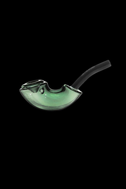 Green glass pipe with a curved bowl and stem, isolated on a black background.