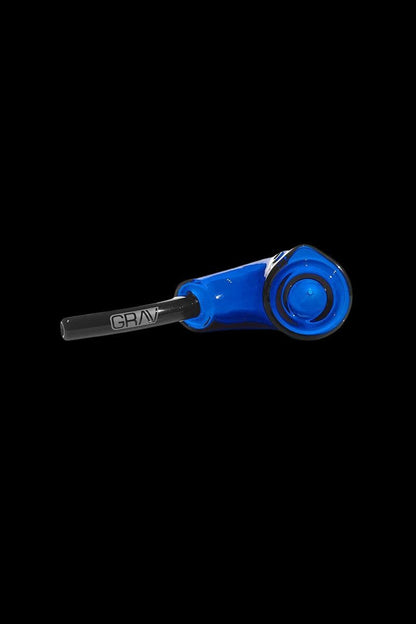 Blue glass pipe with "GRAV" logo against a black background.