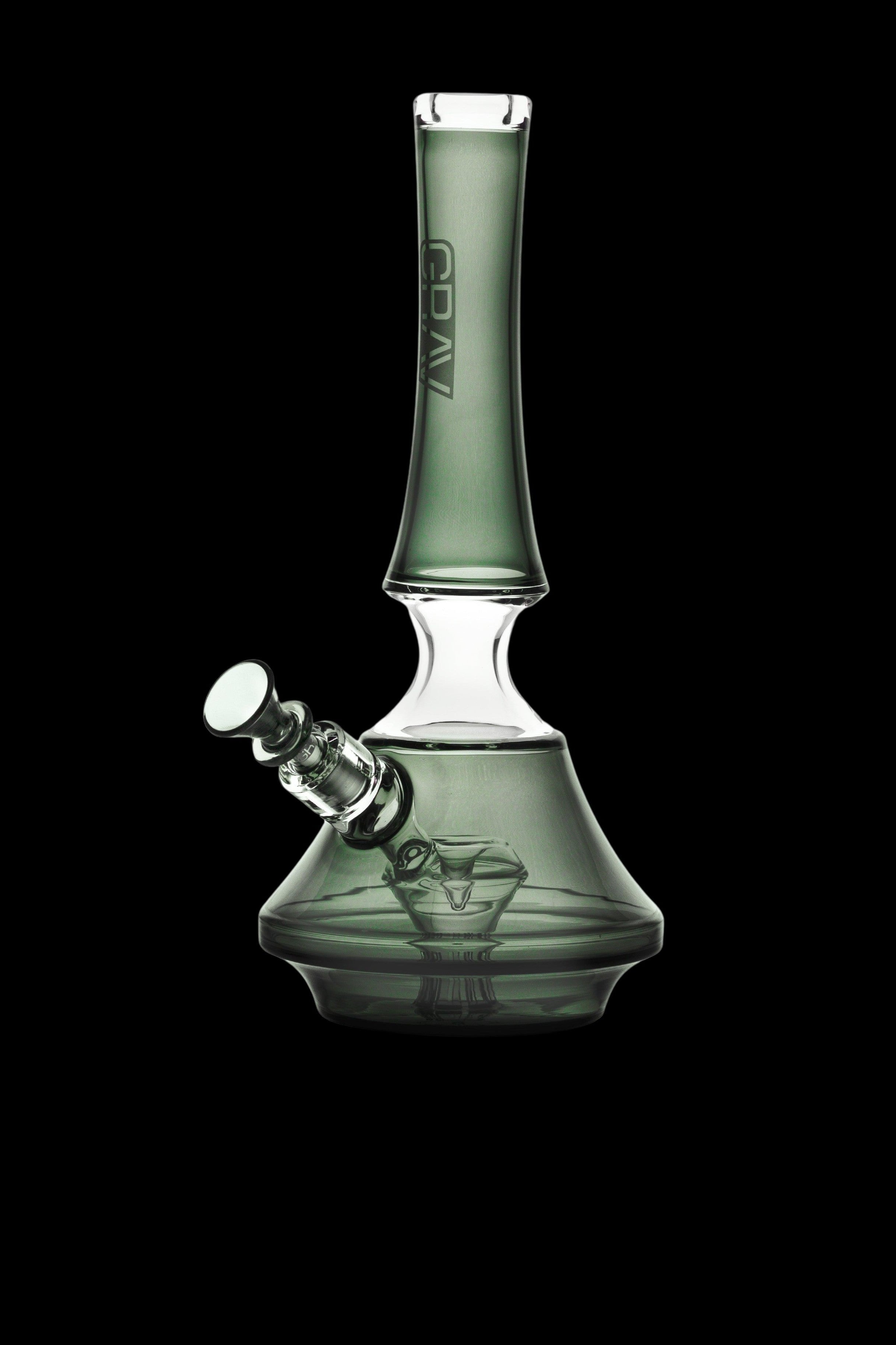 Green glass water pipe (bong) with a clear glass mouthpiece, isolated on a black background.