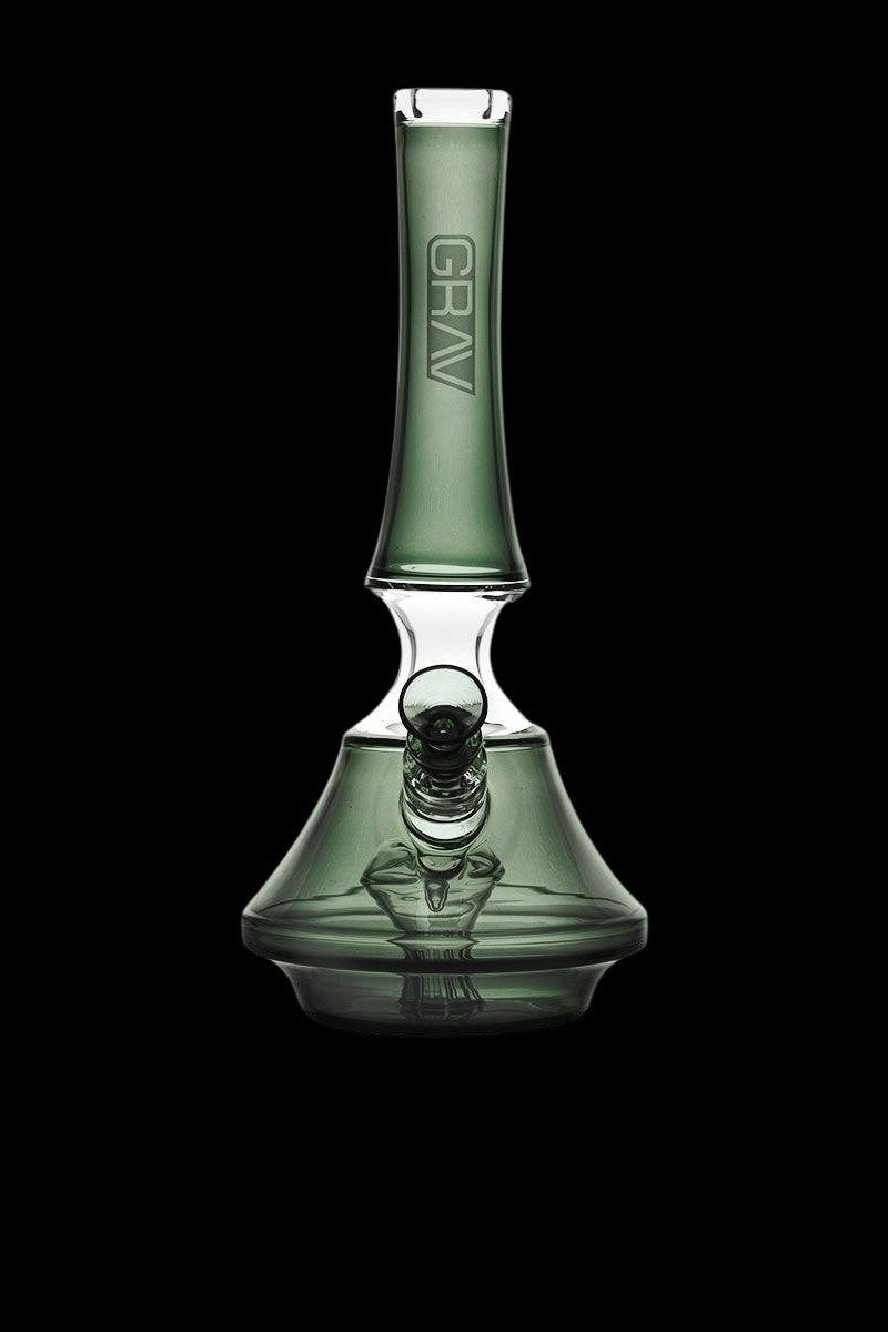 Green glass water pipe (bong) with the “GRAV” logo, studio shot on a black background.