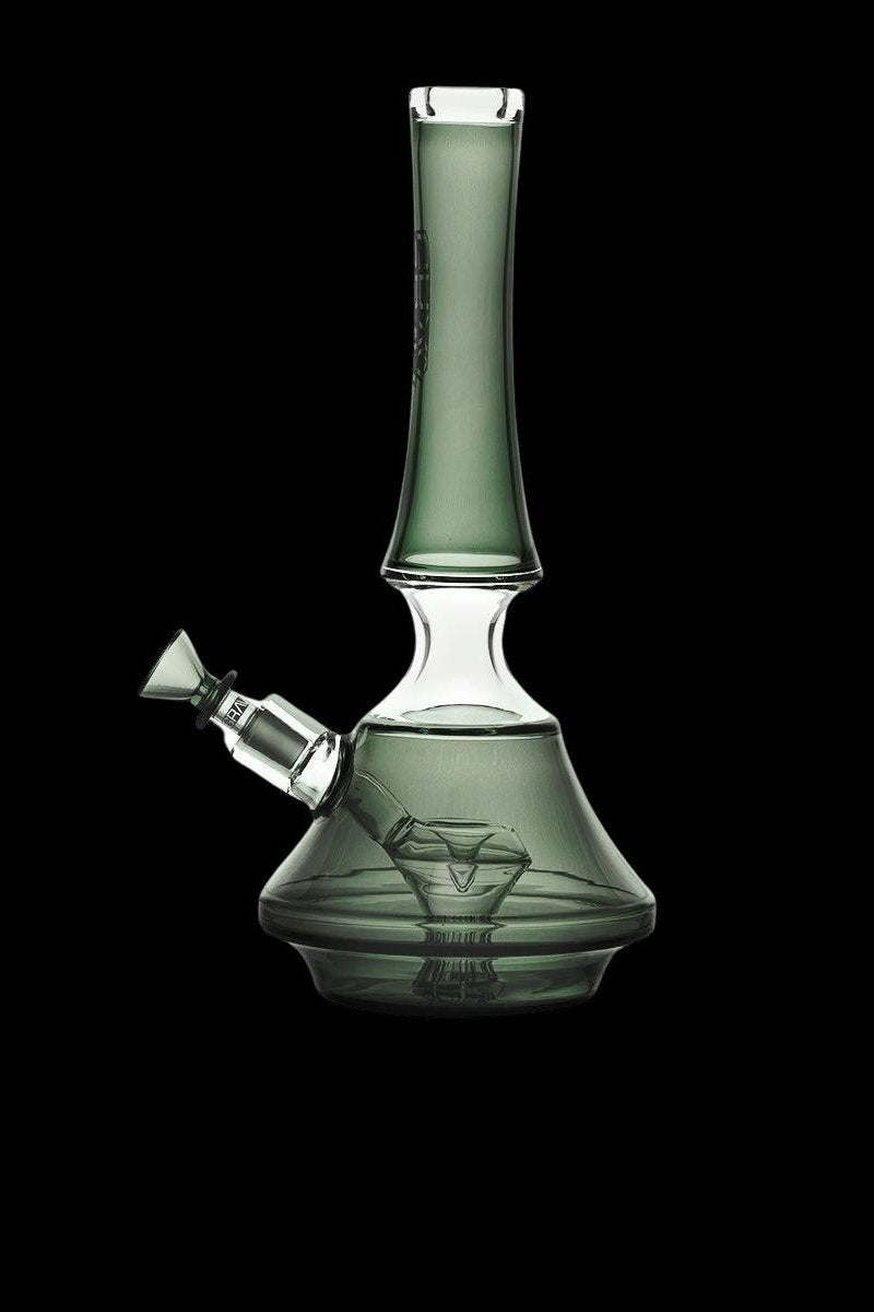 Green glass water pipe (bong) with a flared base and ice catch, studio shot on black.