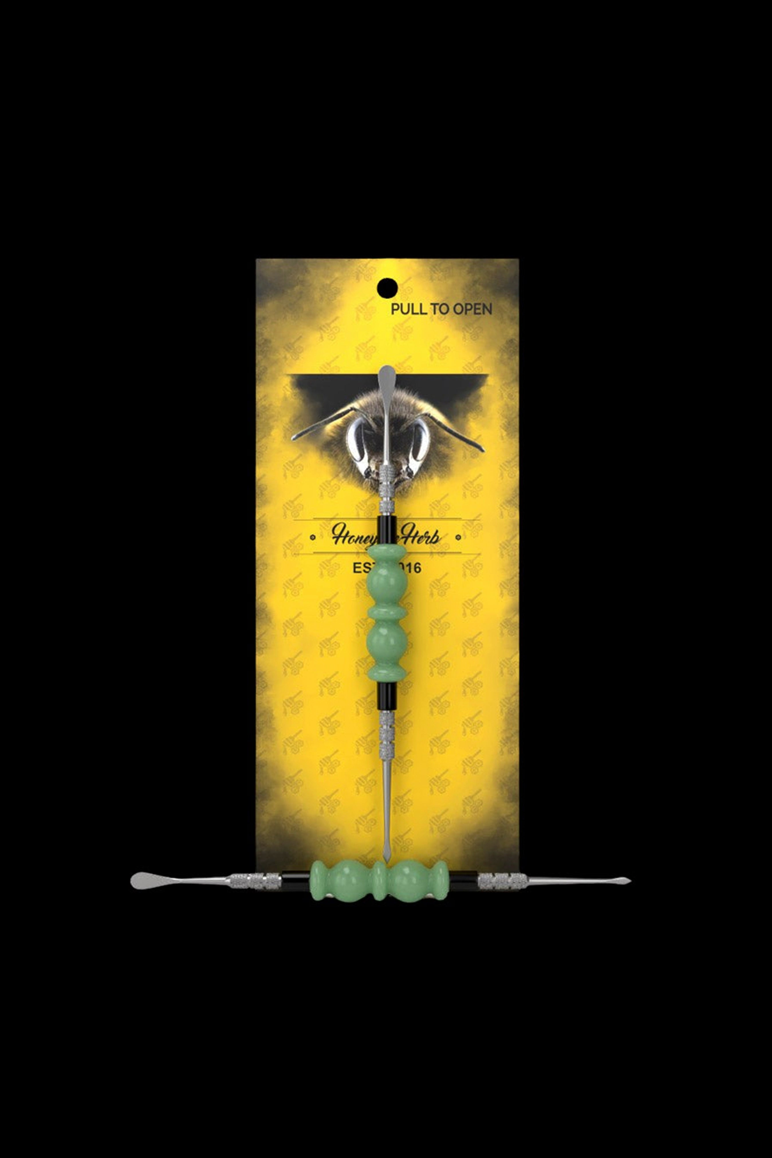 Yellow packaging for “Honey Herbs” cannabis accessory, displaying a bee illustration and a green oil burner/dab tool.
