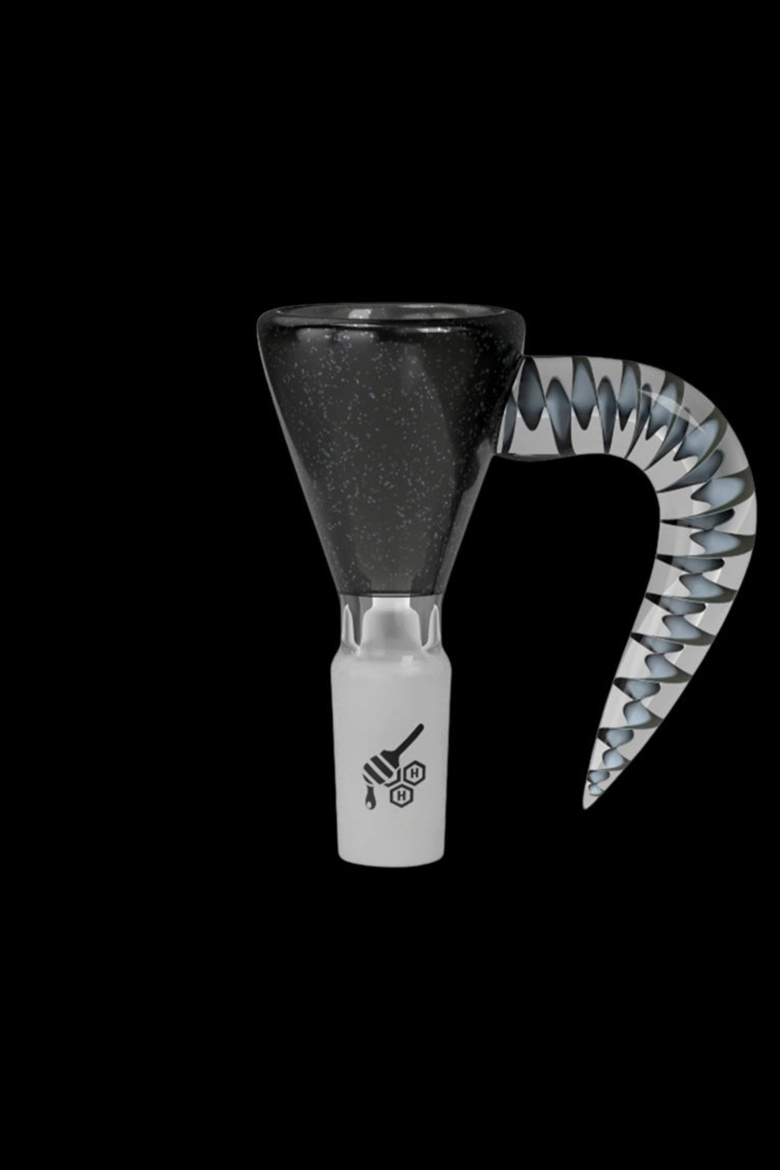 Black and white cannabis water pipe with a speckled bowl and patterned mouthpiece against a black background.