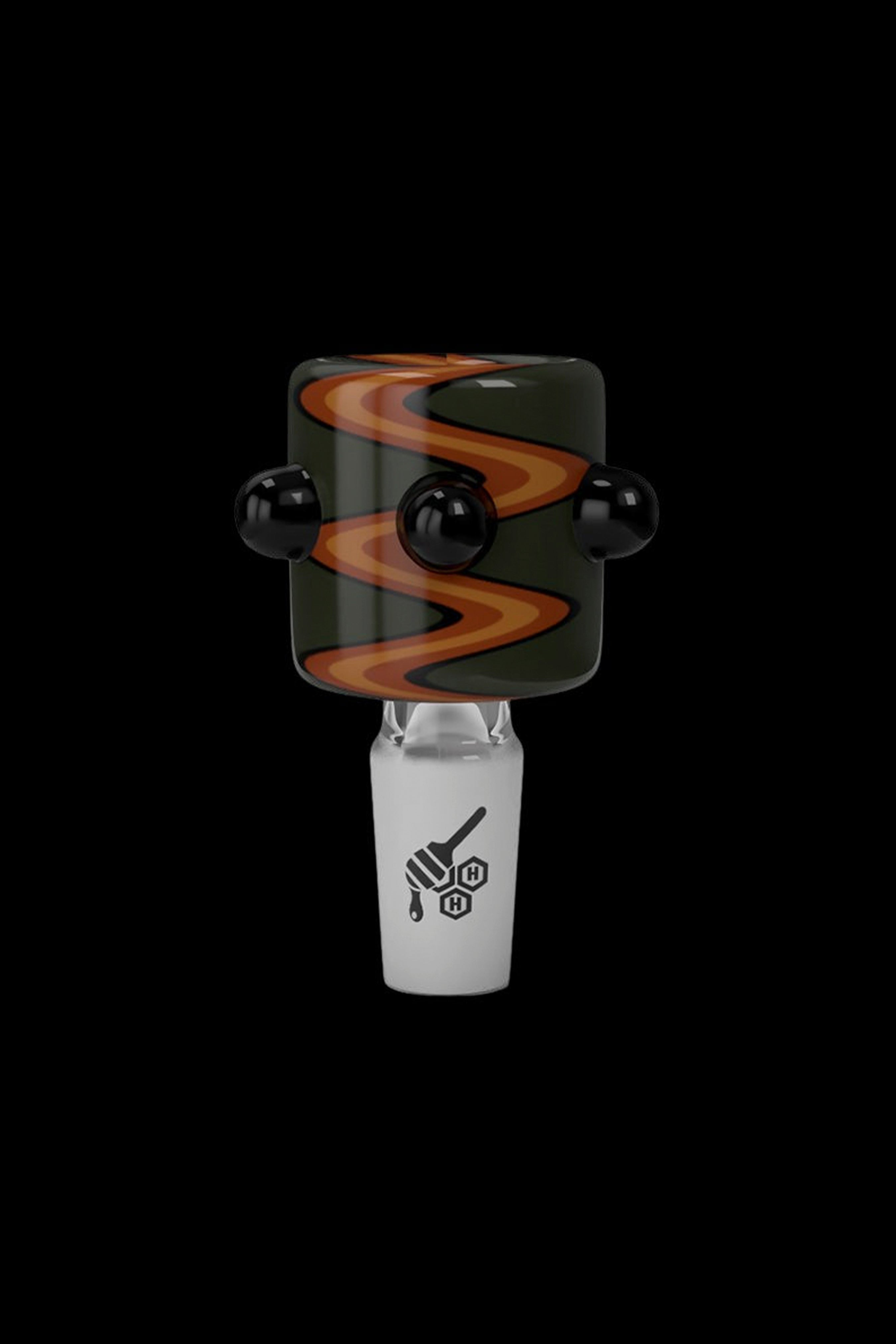 Glass cannabis water pipe with orange and black swirls.