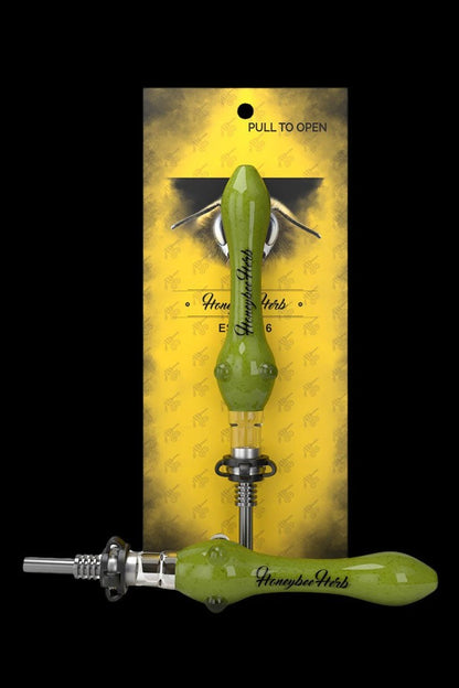 Front-facing view of the Honeybee Herb Speckled Glass Nectar Collector in blue/green resting against yellow branded backing with one piece horizontal in front.