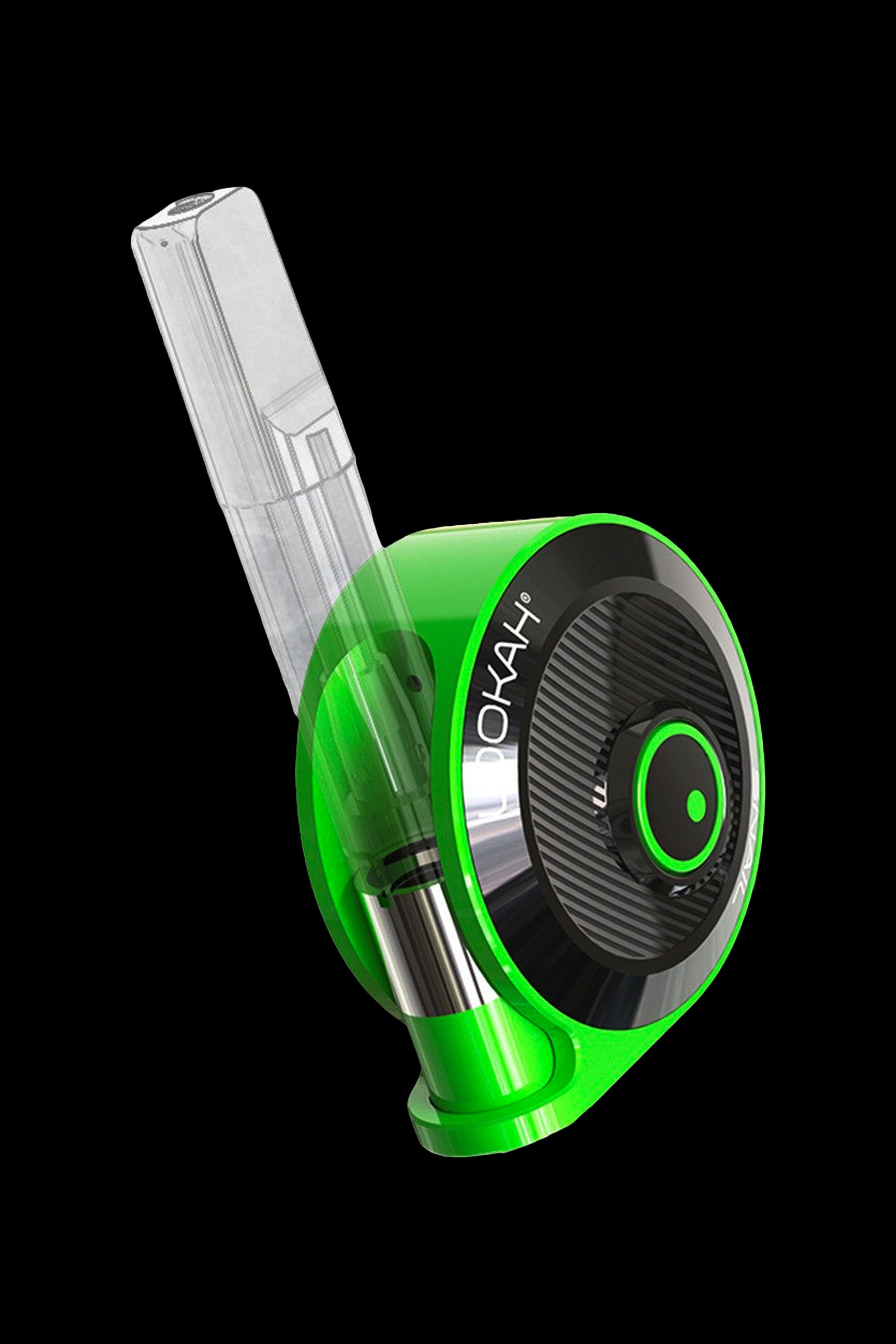 Green and silver cannabis oil vaporizer with a clear, cylindrical cartridge.