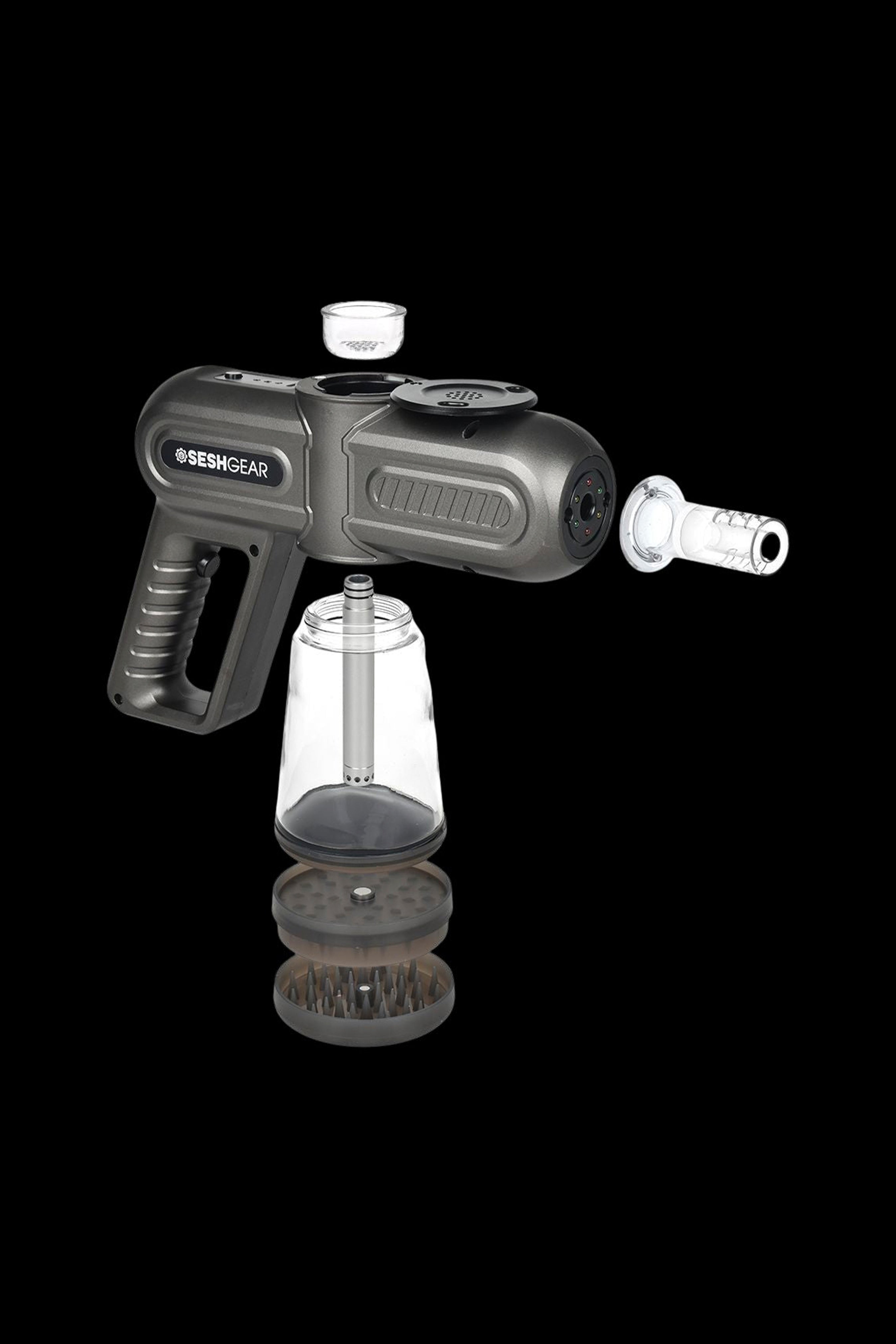Exploded view of a SESH GEAR cannabis vaporizer, showcasing its components including the heating unit, glass chamber, and mouthpiece.
